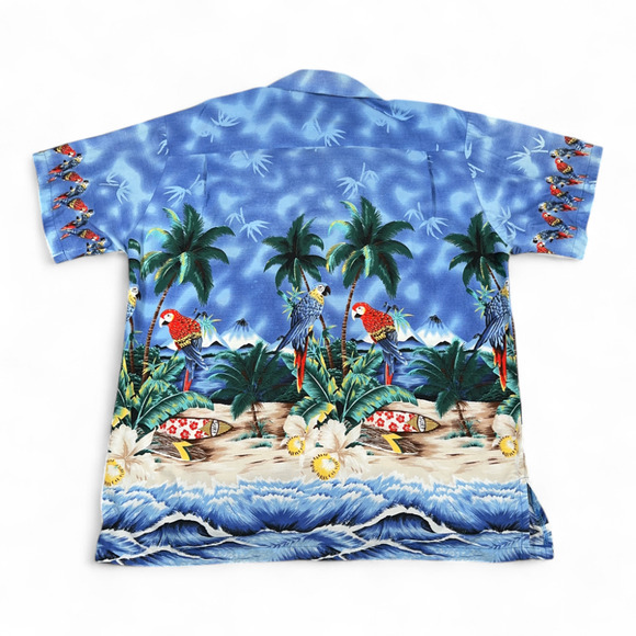 Vintage Hawaiian Shirt Adult LARGE Blue Go Hawaii Aloha Parrot Beach Surf 80s - Picture 3 of 9
